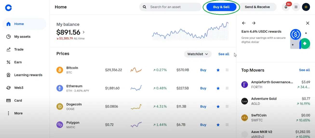 coinbase trade panel